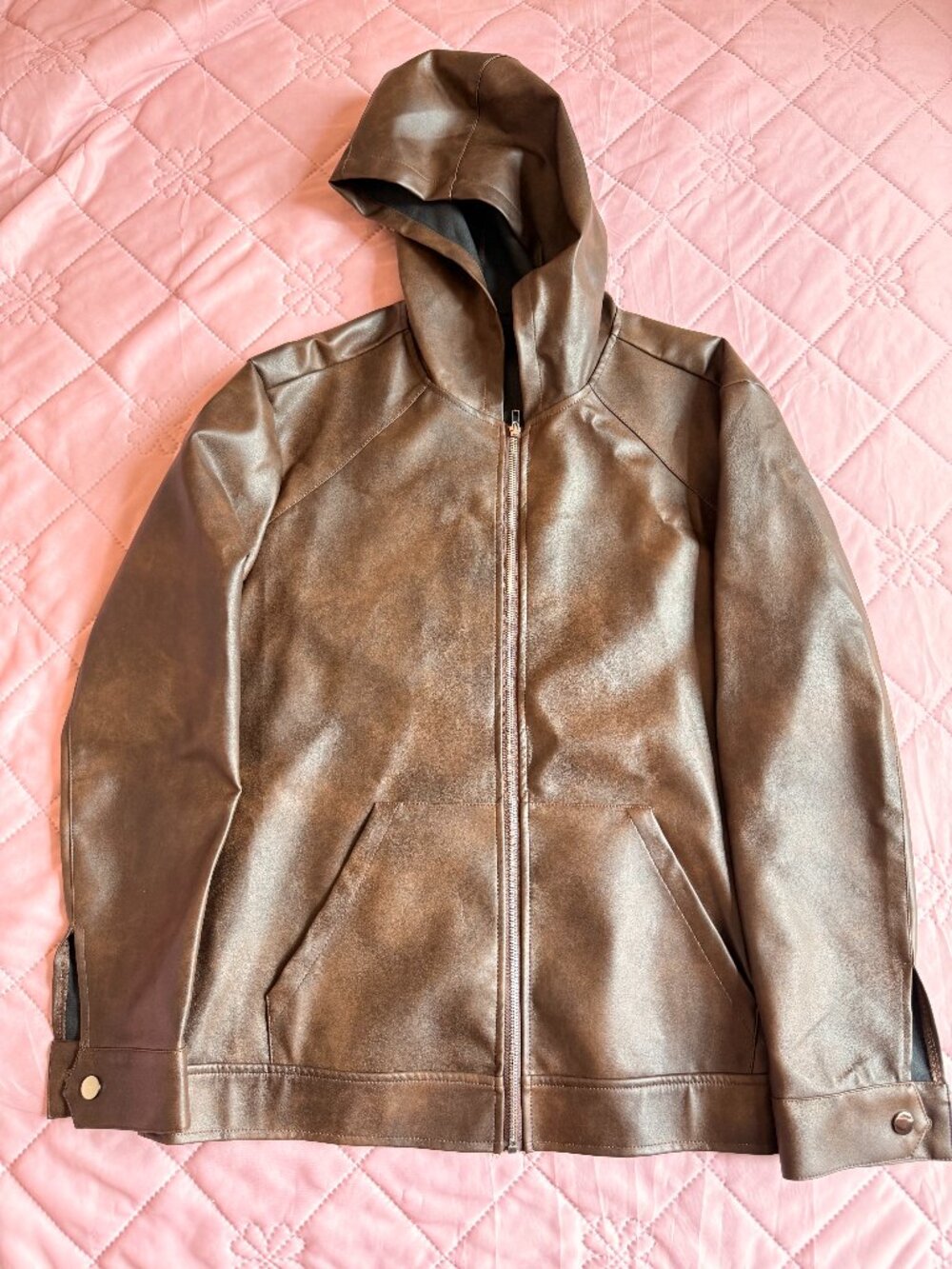 Giovanco Brown Faux Leather Hooded Zip Jacket Size L